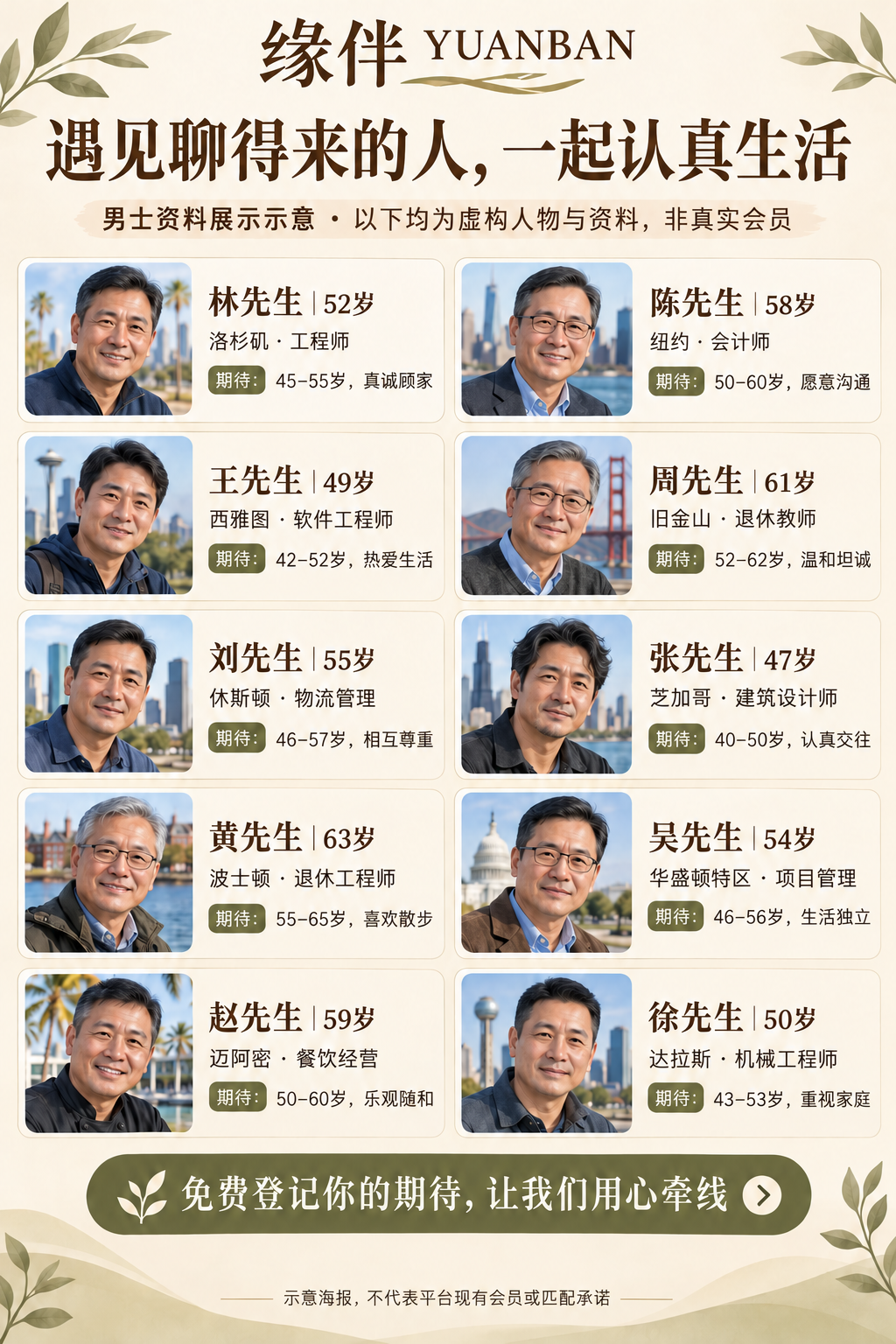 十位虚构华人男士的资料展示示意,包含年龄、城市、职业与择偶期待,非真实会员