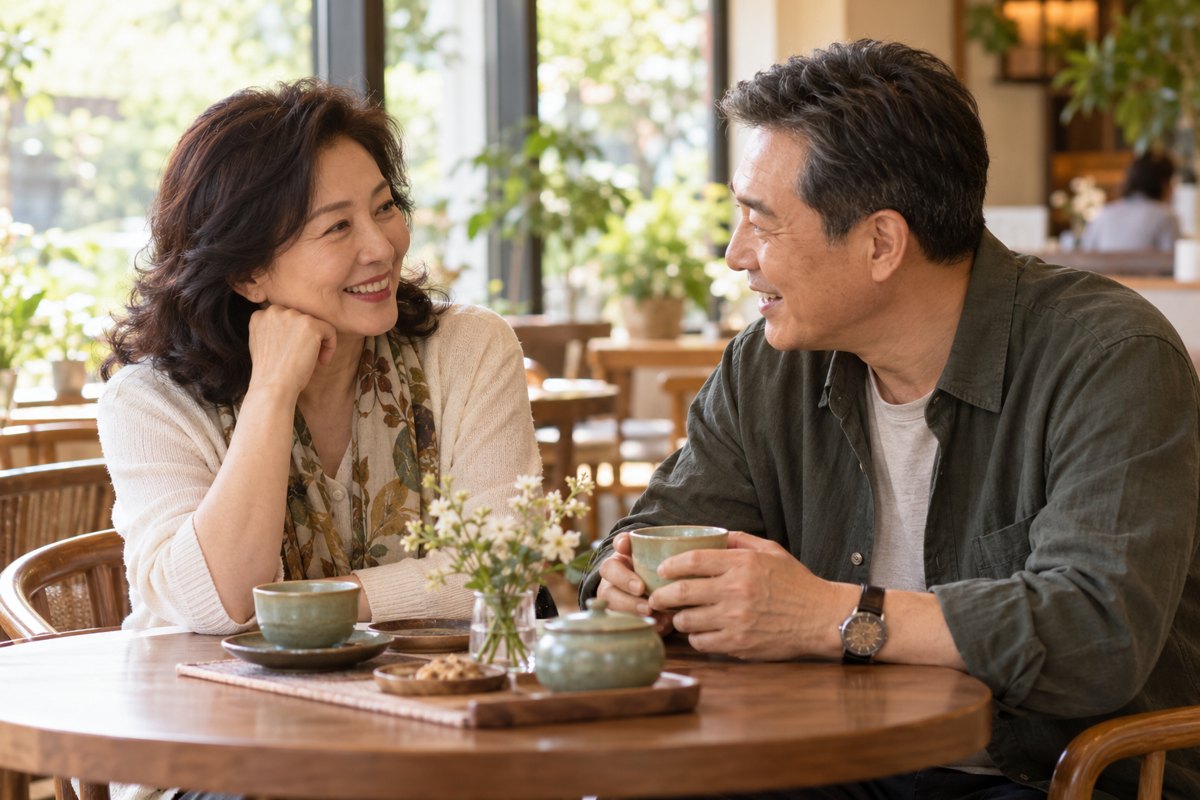 中年华人伴侣面对面喝茶聊天